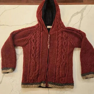 VTG Ku USA Wool Cotton Cable Knit Hoodie Full Zip Jacket Red Size Medium